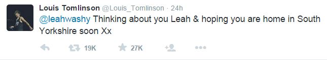 Louis_Tomlonson tweet to Leah_Washington @Louis_Tomlinson/Twitter